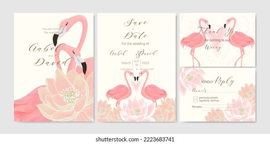 Set of design backgrounds for wedding and holiday cards with pink flamingos and lotuses