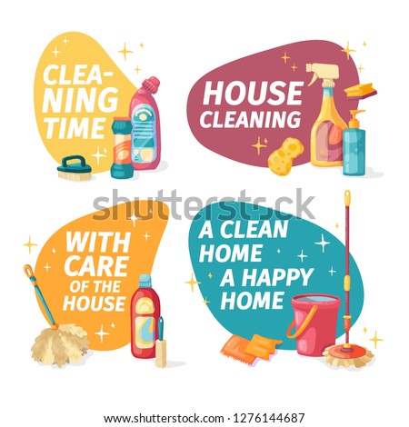 Set design banner House cleaning with  cleaning products. Cartoon illustration household chemicals. Temlate for flyer clean up service. Ñhemicals bottle for floor and windows. Vector