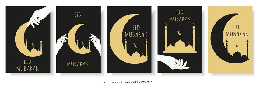 Set Design Banner Festividad islámica Eid al Fitr con silueta de mezquita en un moderno estilo minimalista. Mezquita Dorada islámica sobre fondo negro. Ilustración vectorial puede ser utilizada en el afiche web