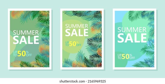Set of design banner templates of discount promotion banner on tropical background with palm leaves. Special summer offer and discount up to 50% off banner template design with editable text
