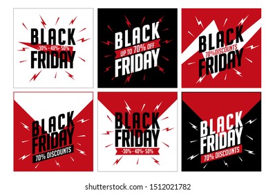 Set of design banners with text BLACK FRIDAY. Design for web banners, flyers, posters, promotional tickets. Attractive and cool design. Black, red and white color. Black Friday text. Vector