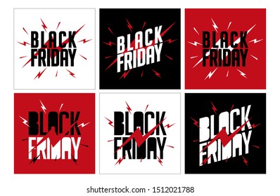 Set of design banners with text BLACK FRIDAY. Design for web banners, flyers, posters, promotional tickets, coupons. Attractive and cool design. Black, red and white color. Vector Illustration