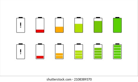 Set design of battery energy charging indicator flat icon vector template. Mobile phone charge power level symbol.