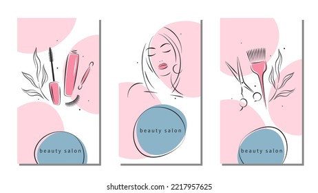 Conjunto de diseño para salón de belleza para publicaciones en medios sociales e historias, aplicaciones móviles. Extensión de las pestañas, maquillaje, peluquería. Ilustraciones vectoriales