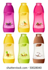 Set of design of bottle milky products with fruit - vector illustration