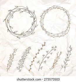 set design. Branches,  plant elements for decoration. background crumpled paper.