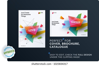 Set of design brochure, abstract annual report, horizontal cover layout, flyer in A4 with vector colourful geometric shapes