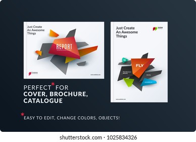 Set of design brochure, abstract annual report, horizontal cover layout, flyer in A4 with vector colourful geometric shapes