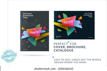 Set of design brochure, abstract annual report, horizontal cover layout, flyer