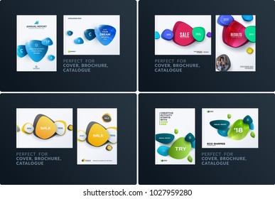 Set of design brochure, abstract annual report, horizontal cover layout, flyer in A4 with vector colourful rounded shapes