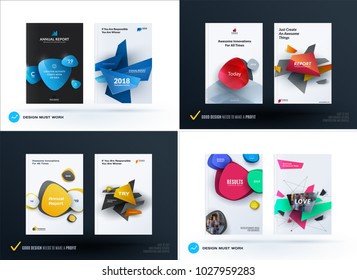 Set of design brochure, abstract annual report, horizontal cover layout, flyer in A4 with vector colourful rounded shapes