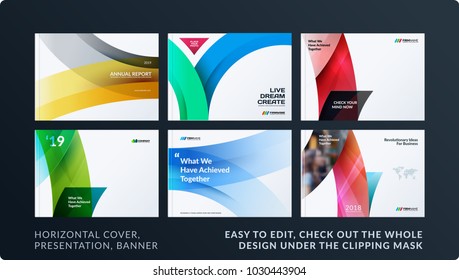 Set of design brochure, abstract annual report, horizontal cover layout