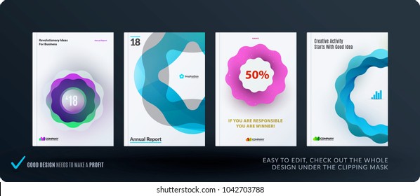 Set of design brochure, abstract annual report, horizontal cover layout, flyer in A4 with vector colourful wave