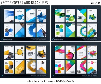 Set of design brochure, abstract annual report, horizontal cover layout, flyer in A4 with vector colourful geometric shapes