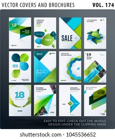 Set of design brochure, abstract annual report, horizontal cover layout, flyer in A4 with vector colourful geometric shapes