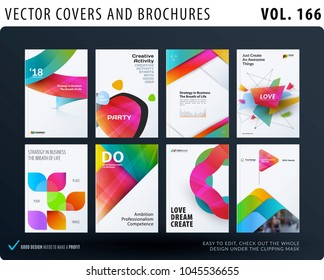 Set of design brochure, abstract annual report, horizontal cover layout, flyer in A4 with vector colourful geometric shapes