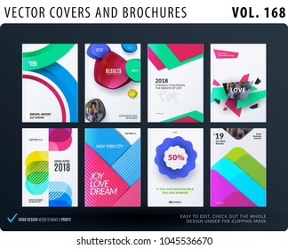 Set of design brochure, abstract annual report, horizontal cover layout, flyer in A4 with vector colourful geometric shapes