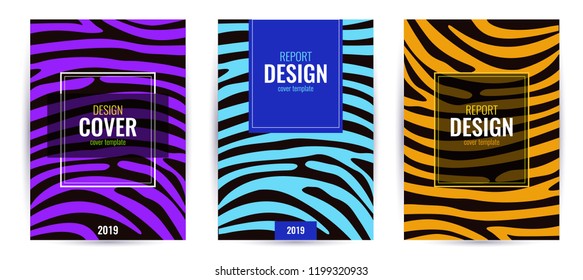 Poner un póster de diseño marrón, azul y violeta con textura de piel de tigre. Fondo gráfico abstracto.  Plantilla universal brillante para una portada con texto. Ilustración vectorial.