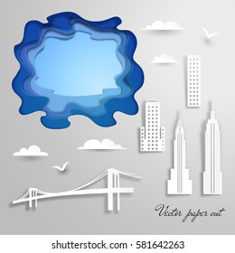Set for design with buildings, clouds, birds and pond. Paper cut. New York city. 
