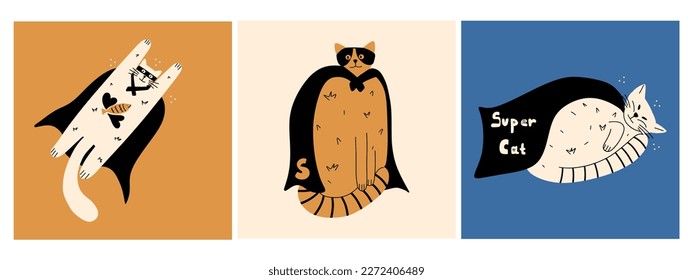 Set of design cards with comical cats super heroes in raincoats in different poses Vector illustration in flat style