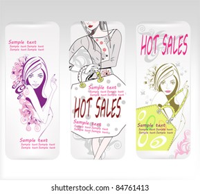 Set of  design cards for fashion sales with women, bags and flowers