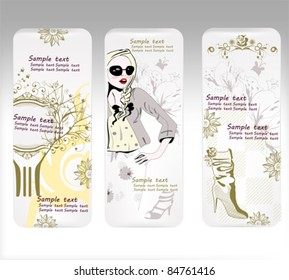 Set of  design cards for fashion sales with woman, shoes and a tree