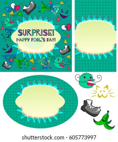 Set of Design cards with Happy April Fool's Day logo. Cards on a light turquoise background with space for text. Set of funny objects for card design on April Fool's Day