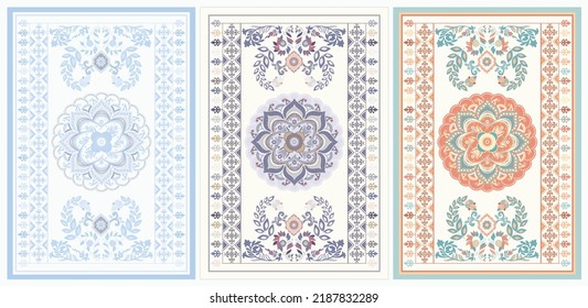 Set of design for carpets, rugs, cover, invitation. Rectangular design with ornament. Abstract oriental ornament. Light template  with mandala