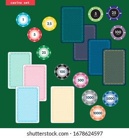 Set of design chips and cards for casino