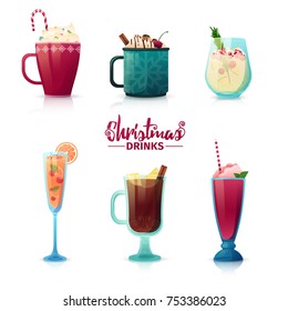 Set of design of Christmas drinks in cartoon style. Mulled wine, hot chocolate, milkshake for the New Year holiday. Design of cocktails for menu decoration. Vector.