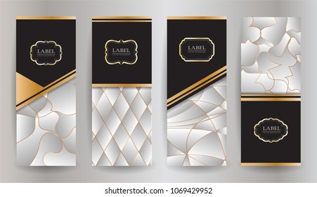 Set design collection of elements,labels,icon,frames, for packaging luxury products. Made with golden foil. Isolated on silver and marble background.
