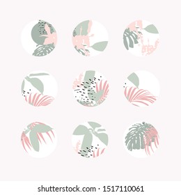 Set of design colorful templates icons and emblems - social media story highlight. Different blogger icons in trendy tropical style isolated on white background.
