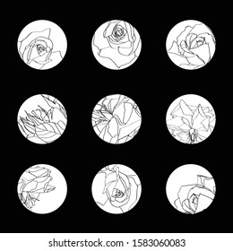 Set of design colorful templates icons and emblems - social media story highlight. Different blogger line roses flowers icons in trendy style isolated on black.