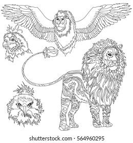    set design , coloring , lion , lion with wings and  an eagle head