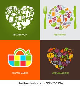 Set of design concept icons for food, organic market and restaurant. Fruits and vegetables icons, restaurant, healthy and vegetarian food.