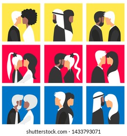 Set design concept pictures of different people kissing. Can use for website and mobile website and application. Vector illustration with background. Flat style.