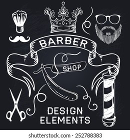 Set of design concepts for logo, badge, label, on Barbershop hipster hairdresser elements Vector chalk illustration on a blackboard.