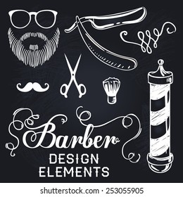 Set of design concepts for logo, badge, label, on Barbershop hipster hairdresser elements on a blackboard.
