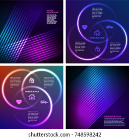 Set Design cover page template. Illustration kinds of insurance for business service company. Glowing icons insurance on dark blue background with big bright glow effect circles intersect each other
