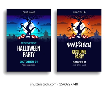 Set of design covers for the celebration of Halloween. Evil tree, pumpkins and other characters on the background of the bright moon. Flyer for invitation to a costume party. Eps10 vector