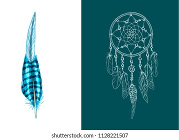 Set of design and decor elements. Detailed colored feather close up isolated on white background. Hand drawn ornate ethnic dream catcher on a green background. Vector illustration