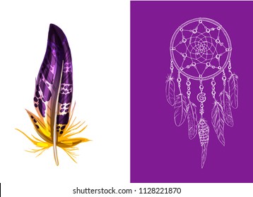 Set of design and decor elements. Detailed colored feather close up isolated on white background. Hand drawn ornate ethnic dream catcher on a purple background. Vector illustration