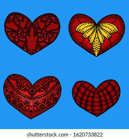 Set of design decoration patterned heart with style mandalas on blue background. 