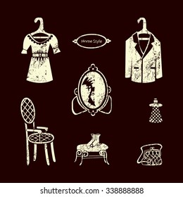 Set for design with different  household items. Design set with dress,suit,mirror,perfume,purse,shoes.  Chalk draw style.