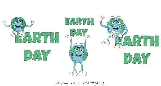 Ponga el logo de Design Earth Day con Planet en el moderno estilo retro de la manguera de caucho. Diseño de Groovy El carácter Planet aisló el fondo blanco. Ilustración vectorial para el diseño web. EPS 10 trazo editable