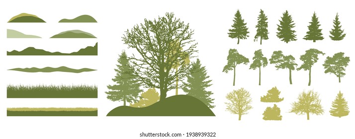 Set of design element. Beautiful silhouettes of spruce and pine and coniferous trees and oak, etc. Spring season. Vector illustration.