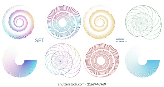 Establecer el círculo del elemento de diseño. Anillo dorado de colores vectoriales aislados. Resumen de rayas onduladas de resplandor de muchos deslizadores creados con la herramienta de mezcla. Ilustración vectorial EPS10 para su presentación