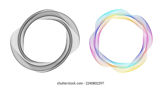 Set design element circle. Isolated bold vector colors  golden ring from. Abstract glow wavy stripes of many glittering swirl created using Blend Tool. Vector illustration EPS10 for your presentation