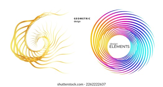 Set design element circle. Isolated bold vector colors golden ring from. Abstract glow wavy stripes of many glittering swirl created using Blend Tool. Vector illustration EPS10 for your presentation
