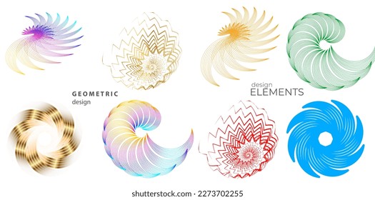 Establecer el círculo del elemento de diseño. Anillo dorado de colores vectoriales aislados. Resumen de rayas onduladas de resplandor de muchos deslizadores creados con la herramienta de mezcla. Ilustración vectorial EPS10 para su presentación